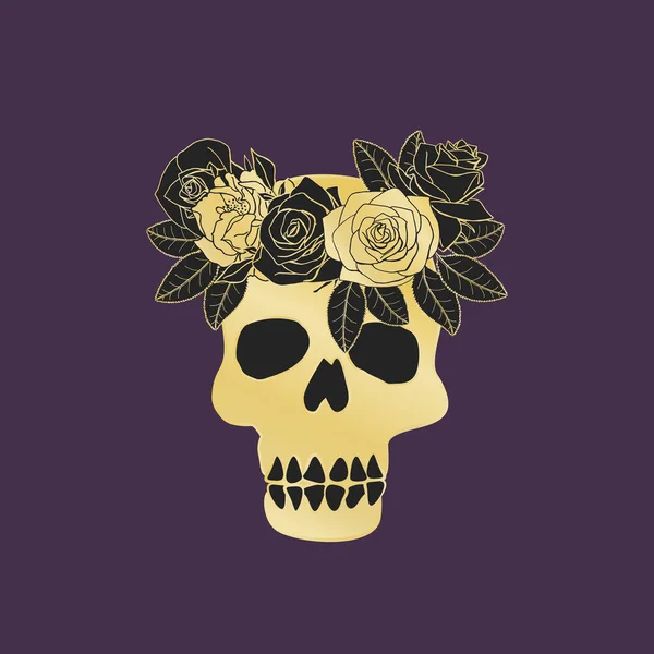 Ouro vintage e crânio místico preto com grinalda floral — Vetor de Stock
