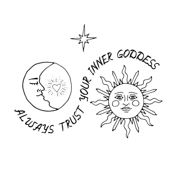 Vintage Mystic Sun and Moon Ilustração com letras — Vetor de Stock