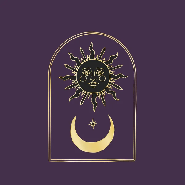 Vintage Mystic Sun και μισή Σελήνη εικονογράφηση με διακοσμητική αψίδα — Διανυσματικό Αρχείο