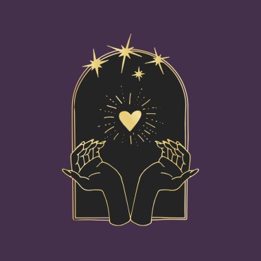 Eskimiş mistik eller ve içinde yıldızlarla parlayan kalp