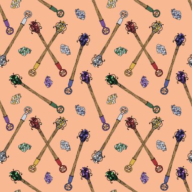 Seamless pattern with hand drawn colorful crystals and magic wands on pink background.