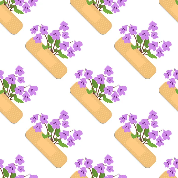Motif sans couture avec des plâtres collants et des fleurs violettes. Patch médical texture répétée. — Image vectorielle
