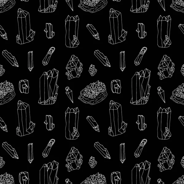 Patrón sin costuras con cristales blancos monocromáticos dibujados a mano y colgantes sobre fondo negro. — Archivo Imágenes Vectoriales