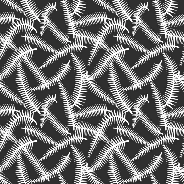 Simple minimal white fern leaves tropical seamless pattern. Black background. — Stok Vektör