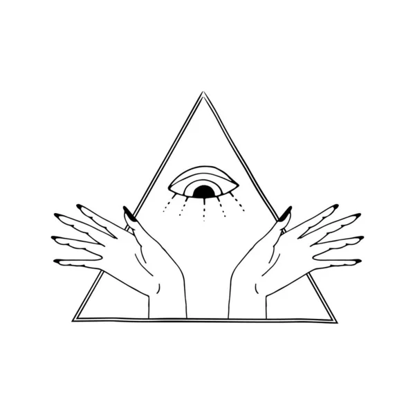 Vintage Mystic Eye et les mains féminines à l'intérieur triangle — Image vectorielle