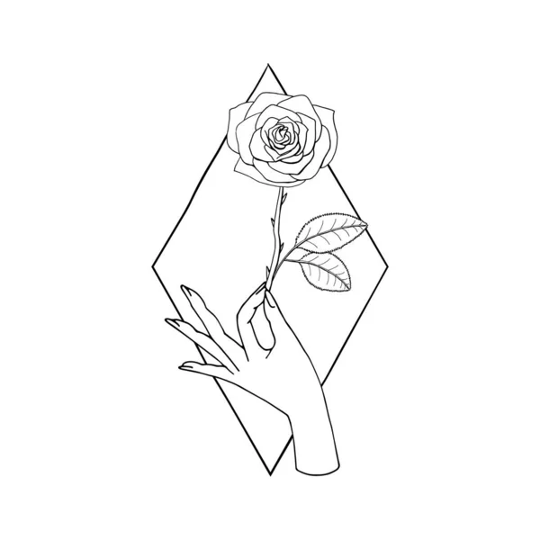 Mano mística Vintage sosteniendo dibujo de flor rosa en forma de diamante — Archivo Imágenes Vectoriales