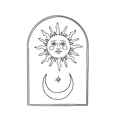 Klasik Mystic Sun ve dekoratif kemerli yarım ay çizimi
