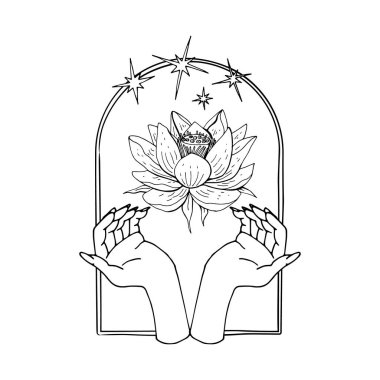 Eskimiş mistik eller ve nilüfer çiçekleri kemerin içinde yıldızlarla çiçek açar.