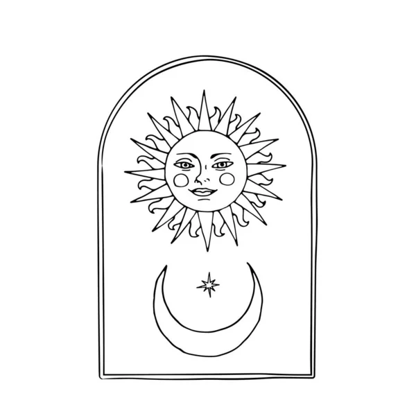 Vintage Mystic Sun y media luna ilustración con arco decorativo — Archivo Imágenes Vectoriales