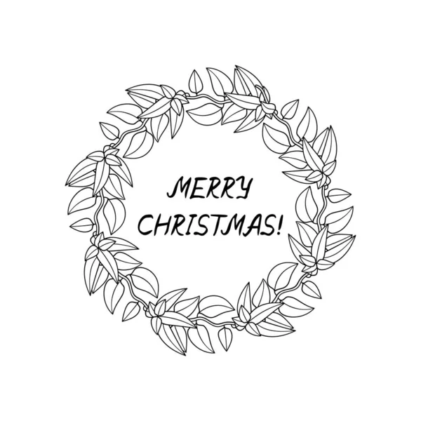 Linea Arte Navidad corona clipart, ramas poinsettia con flores rojas. Feliz Navidad letras manuscritas. — Vector de stock
