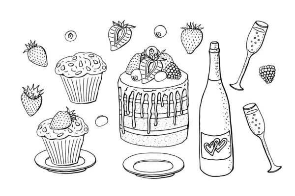 一套15款可爱线条艺术风格手绘彩绘甜点插图 — 图库矢量图片
