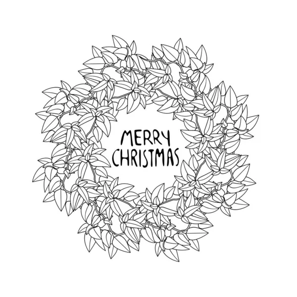 Linea Arte Navidad corona clipart, ramas poinsettia con flores rojas. Feliz Navidad letras manuscritas. — Vector de stock