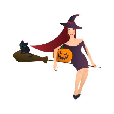 Süpürge saplı cadı ve balkabağı.