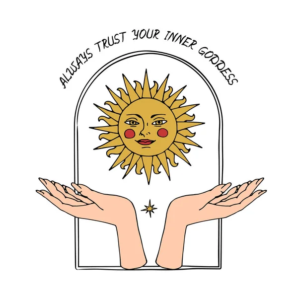 Vintage Mystic Golden Sun y manos femeninas Ilustración con letras — Vector de stock