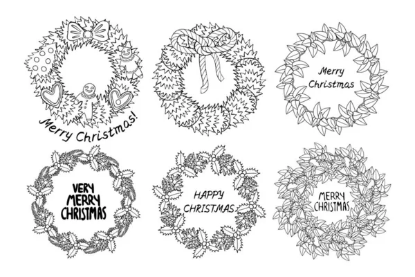 Monocromo línea arte Navidad coronas clipart conjunto, decorado ramas de abeto. — Vector de stock