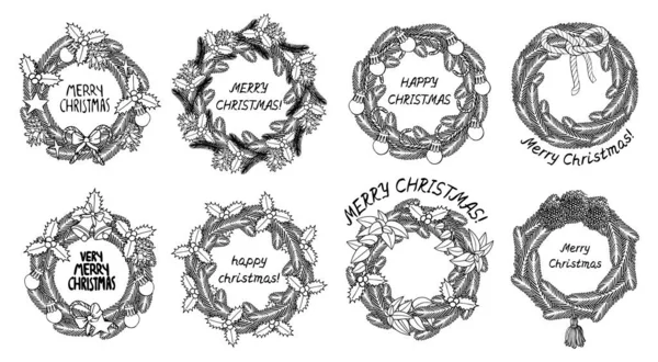 Монохромная линия искусства Рождественские венки клипарт набор — стоковый вектор