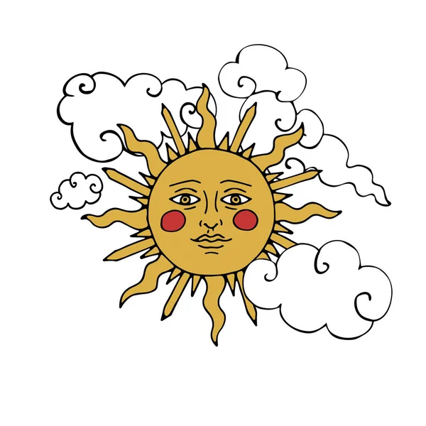 Vintage Mystic Sun con rostro humano en el cielo con nubes — Vector de stock
