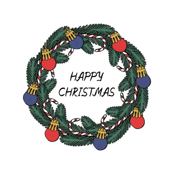 Colorida línea de arte Navidad corona clipart, ramas de abeto decoradas. Feliz Navidad letras. — Vector de stock