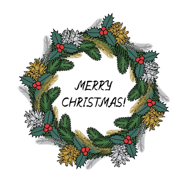 Цветная линия Искусство Рождественский венок клипарт, украшенные елки ветви — стоковый вектор