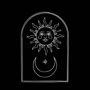 Klasik Mystic Sun ve dekoratif kemerli yarım ay çizimi