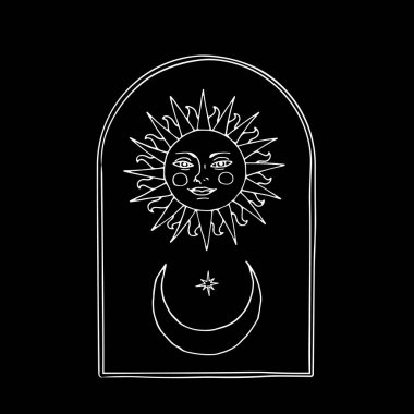 Klasik Mystic Sun ve dekoratif kemerli yarım ay çizimi