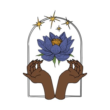 Eskimiş mistik eller ve nilüfer çiçekleri kemerin içinde yıldızlarla çiçek açar.