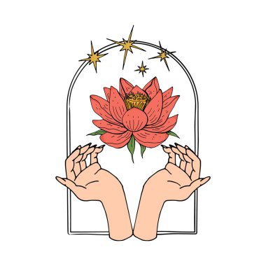 Eskimiş mistik eller ve nilüfer çiçekleri kemerin içinde yıldızlarla çiçek açar.