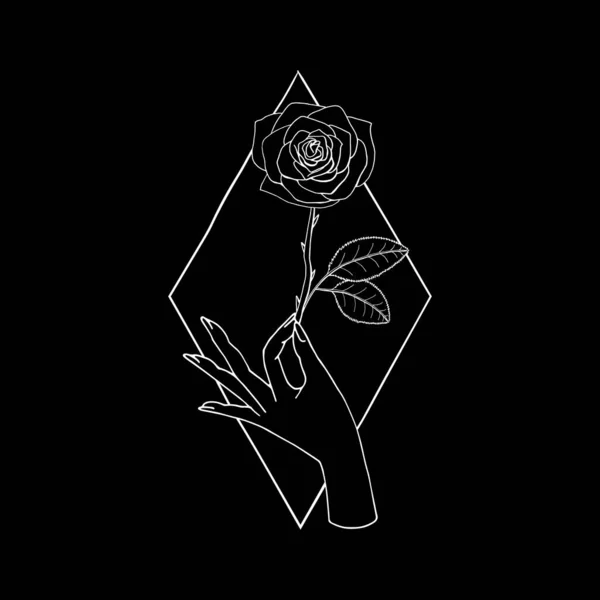 Vintage μυστικιστικό χέρι κρατώντας τριαντάφυλλο λουλούδι σχέδιο σε σχήμα διαμαντιού — Διανυσματικό Αρχείο