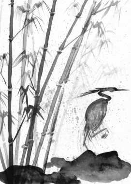 suluboya heron ve bambu çizimi