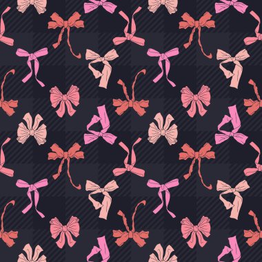 Ekose kareli arka planda pembe düğümler çizilmiş pürüzsüz bir desen. Oldukça eski moda duvar kağıtları. Düğün, doğum günü ya da sevgililer günü için klasik romantik özgeçmiş