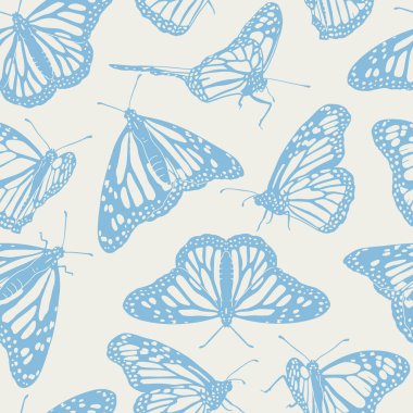 El yapımı tek renkli pastel mavi kral kelebekli bej arkaplanlı klasik dikişsiz desen. Güzel tropikal böceğin duvar kağıdını tekrarla