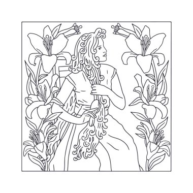 Art nouveau style woman brushing very long hair and lily flower frame adult coloring book page vector illustration. Vintage black ink pretty girl line drawing