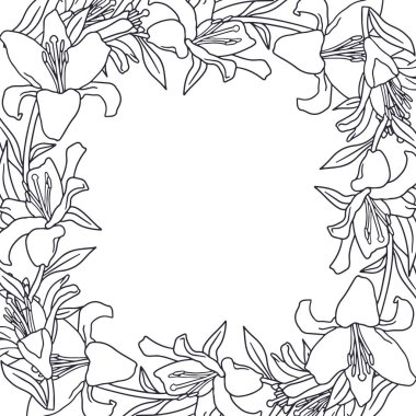 Vintage hand drawn black and white lily square flower frame vector illustration. Monochrome floral border card template. Abstract botanical border design