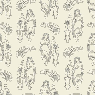 Beautiful long hair woman holding sun and half moon with paisley motif seamless pattern black and white vector illustration. Celestial maiden holding crescent mystical monochrome repeat wallpaper