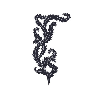 Zarif kıvrımlı yosunlu el tek renkli vektör çizimi. Klasik siyah siluet deniz botanik tasarımı.