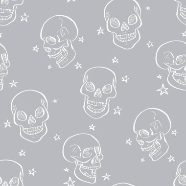 Tek renkli gri ve beyaz elli kusursuz desen ve yıldızlı mürekkep gibi kafatasları. İskelet başları arka planı tekrarlar.