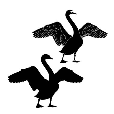 Tek renkli el seti zarif kuğu silueti klipsi sanatı. Siyah su kuşu vektör çizimi