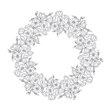 El çizimi siyah-beyaz çizgili kanarya adaları çiçekleri mallow bağlanmış çelenkler. Şirin tek renkli çiçek desenli kart şablonu. Botanik vektör çizimi beyaza izole edildi.