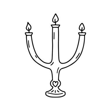 El çizimi siyah çizgi çay mumu Candelabrum ikon vektör çizimi. Doğrusal monokrom karalama şamdanı clipart