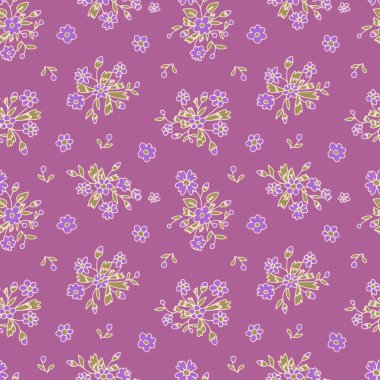 Mor arka planda küçük, çiçekli, pürüzsüz bir desen. Küçük çiçek buketleriyle el yapımı vintage fon. Yarım yamalak çiçekleri ve yaprakları olan kulübe ana dokusu..