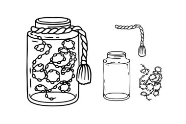 Elle çizilmiş karalama çizimi cam kavanozda hafif bir çelenk, klitoris illüstrasyonuna yol açtı. Beyaz arka planda izole edilmiş rahat ev içi noel lambası çizgisi..