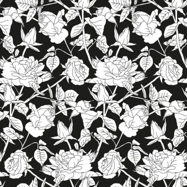 Elle çizilmiş siyah ve beyaz gül çiçekleri silueti olan klasik, dikişsiz desenler. Boho çiçekli monokrom Duvar kağıdını tekrarla