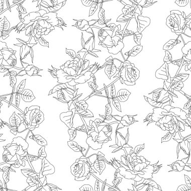 Elle çizilmiş siyah ve beyaz gül çiçekleri olan klasik dikişsiz desen. Boho çiçekli tek renkli duvar kâğıdı. Vektör illüstrasyonu