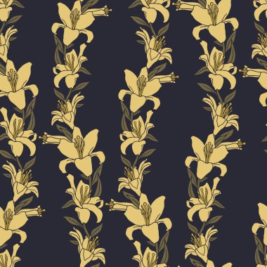 El çizimi sarı çizgili, zambak çiçekleri asma, dikişsiz, siyah arkaplan deseni. Boho çiçek desenli duvar kağıdı. Vektör illüstrasyonu