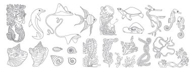 Siyah ve beyaz çizgili okyanus yaşamı ve el yapımı vektör çizimi demeti. Deniz hayvanları ve deniz yosunları büyük bir set oluşturur. Su canlıları beyaz üzerine karalama yapar.