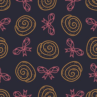 Hygge tarçın yuvarlar karalama simgeleri dikişsiz desen. Konforlu kırsal hamur işi sanat duvar kağıdı vektör illüstrasyonu..