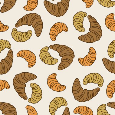 Hygge kruvasanları ikonları kusursuz şekillerde karalar. Konforlu kırsal hamur işi sanat duvar kağıdı vektör illüstrasyonu..