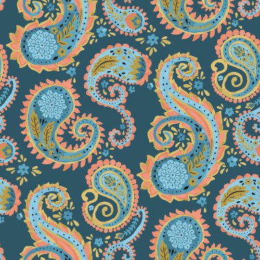 Mavi arka planda çiçeksiz desenli suluboya desenli. Karmaşık doğu klasik duvar kâğıdı. Bohem tekstil tasarımı. Vektör illüstrasyonu