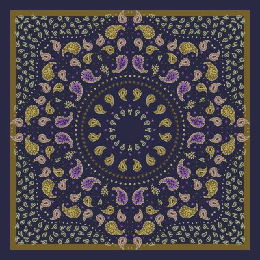 Koyu mavi arka planda altın desenli eşarp ya da bandana tasarımı. Etnik halı tasarımı. Soyut boho duvar kağıdı.