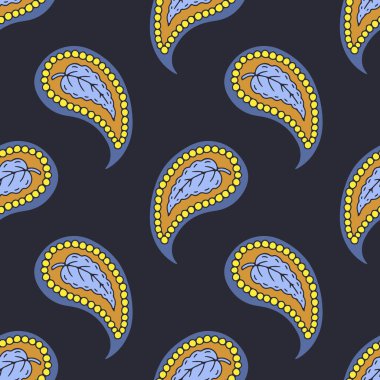 Hand drawn intricate Paisley seamless pattern on black background. Traditional indian repeat design vector illustration